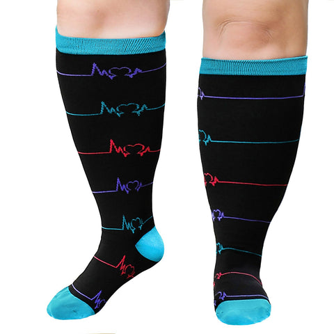 ZFSOCK Wide Calf Compression Socks: Men Women Plus Size Medical Support Stockings Flight Socks for Varicose Vein Knee High Pressure Sock Swollen Legs Nurses Travel Running Sports Heartbeat 5XL 1 Pair