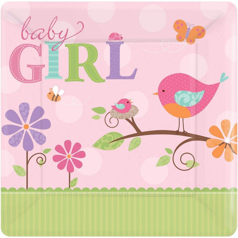 Amscan Tweet Girl Baby Shower Party 10" Square Plates Party Supplies (8 Piece), Bright Pink/Light Pink/Green