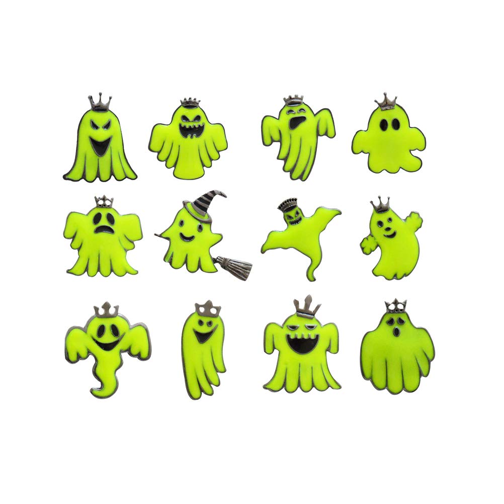 Amosfun 12PCS Halloween Alloy Fluorescent Ghost Shape Brooch Halloween Costumes Halloween Party Favors - Mixed Styles