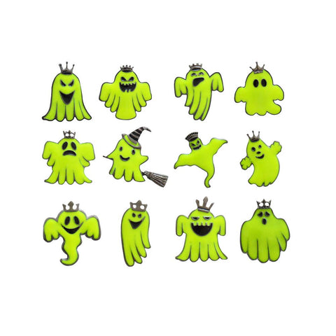 Amosfun 12PCS Halloween Alloy Fluorescent Ghost Shape Brooch Halloween Costumes Halloween Party Favors - Mixed Styles