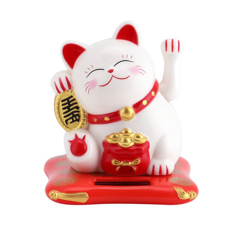 Haosie Lucky Cat, Lucky Cat Waving Arm, Solar Powered Maneki Neko,Good Luck Wealth Welcoming Cats for Car Home Office Decor (3in Tall)(White)