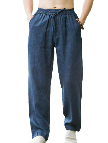 Men's Linen Pants Spring Summer Solid Color Casual Loose Breathable Straight Cotton Linen Pants Navy Blue XXL