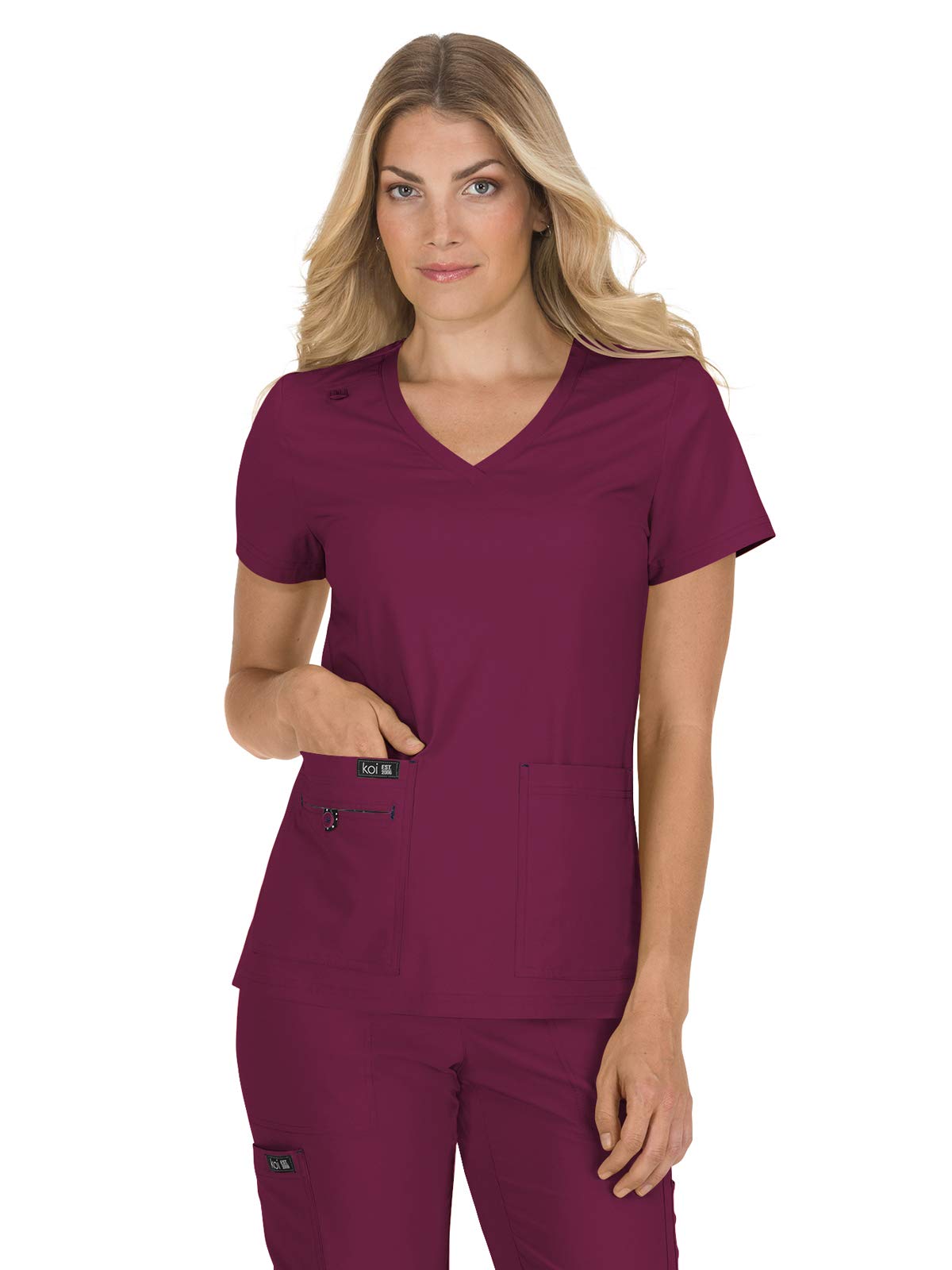 KOI Basics 373 Women's Becca V-Neck Solid Scrub Top (Wine, Medium)