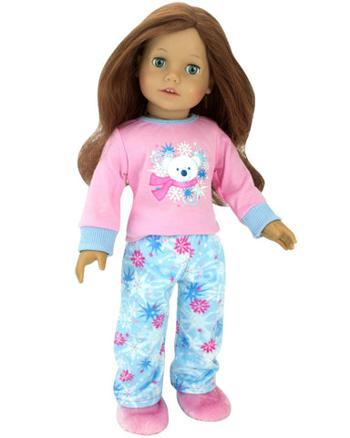 Sophia's - 18" Doll - Fleece Print Pj's, Polar Bear T & Fuzzy Slippers Pajama Set - Pink/Blue