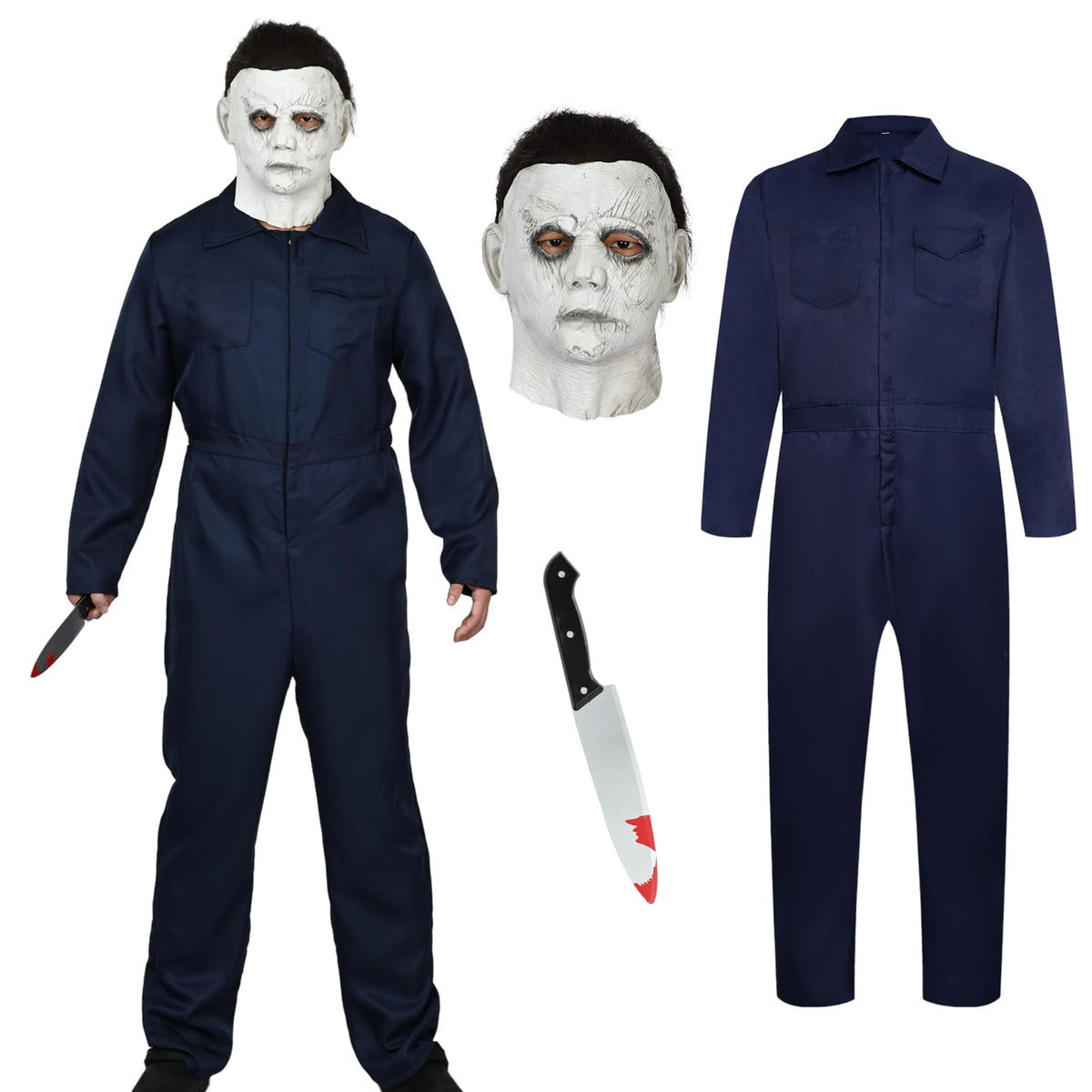 Myers Halloween Costumes Adult Men Women, Halloween Costume Jumpsuit with Mask Toy Plastic Knife Scary Horror Halloween Props Killer Overalls Cosplay Party (Blue Dark, XXL)