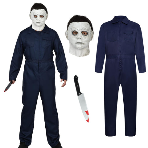 Myers Halloween Costumes Adult Men Women, Halloween Costume Jumpsuit with Mask Toy Plastic Knife Scary Horror Halloween Props Killer Overalls Cosplay Party (Blue Dark, XXL)