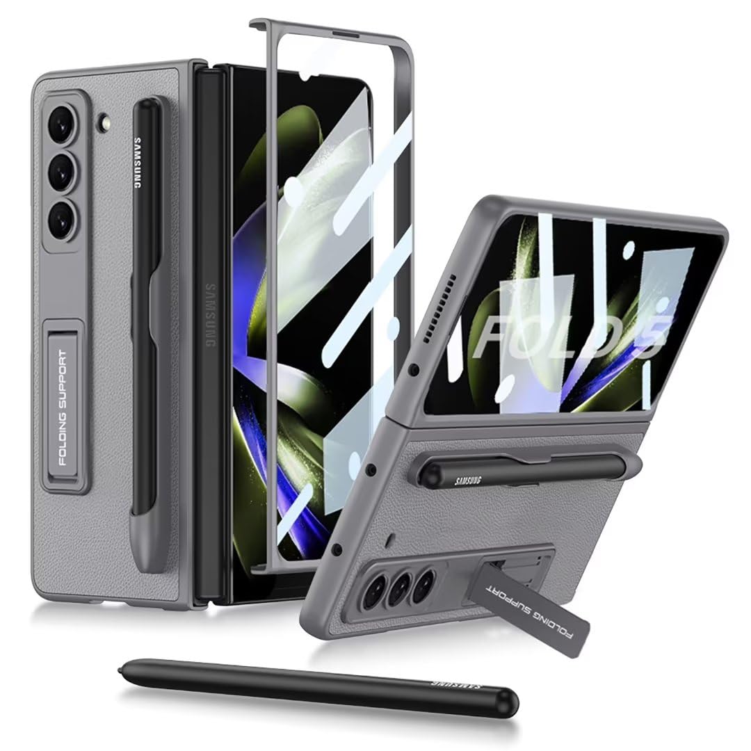 XIMAND for Samsung Galaxy Z Fold 5 5G Case with Pen Holder,Kickstand,Anti-Shock,Built-in Front Screen Protector High-Definition Explosion-Proof Glass, Slim Texture Case.(Grey)