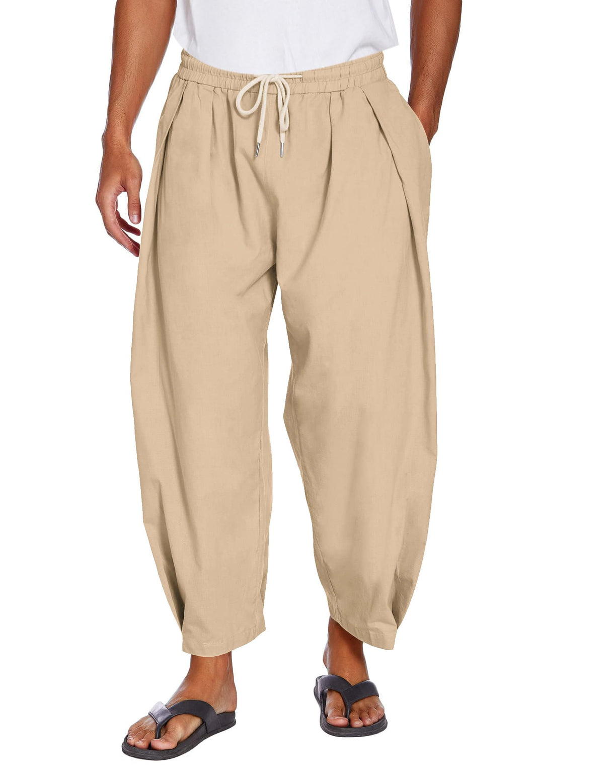 COOFANDY Men's Cotton Linen Harem Pants Drawstring Casual Cropped Trousers Lightweight Loose Beach Yoga Pants with Pockets