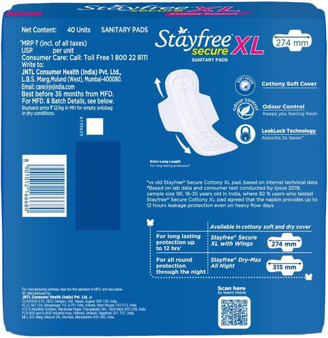 Stayfree Stay Secure Extra Large Cottony Soft Cover Sanitary Pads For Women With Wings, 40 Pads '