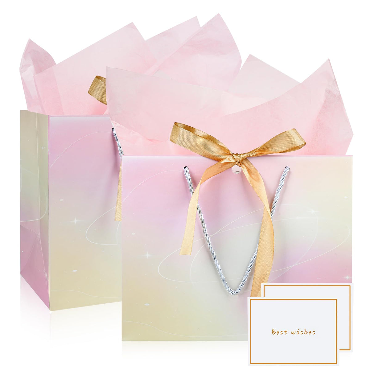 Mifferer Gift Bags for Present, 2 Pack Medium Gift Bag with 2 Wrappers and 2 Cards, Paper Gifts Bags Shopping Bags with Handles for Women Men Birthday Wedding Party Christmas Bags 28x10x20 cm (PINK)