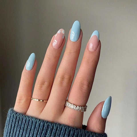 Blue Press on Nails Medium Almond Shaped Fake Nails Blue French Tip False Nails with Flower Designs Spring Glue on Nails Full Cover Stick on Nails Glossy Acrylic Nails for Women and Girls