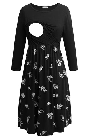 Smallshow Women's Maternity Nursing Dress 3/4 Sleeve Dress for Breastfeeding Medium Black-SVP121