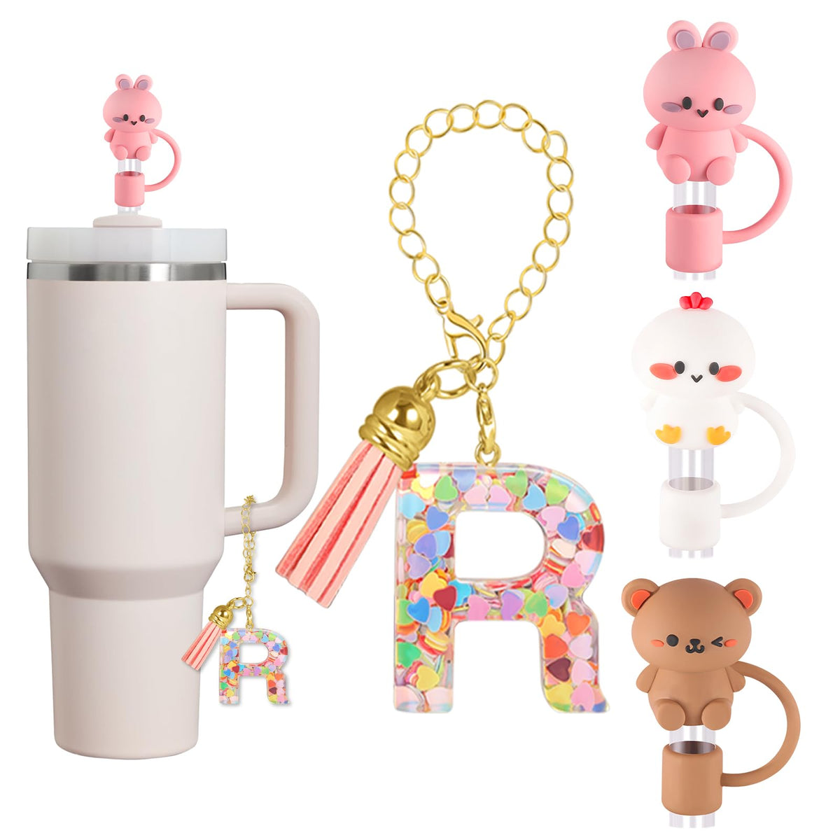 (3+1) Stanley Cup Accessories Straw Cover, 3 PCS Ainmal Stanley Straw Covers and 1 PCS Cute Initial Keychain Handle Charm with Chain for Stanley Tumbler 30/40 OZ for Women Girls Kids