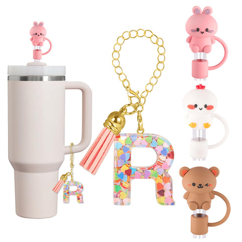 (3+1) Stanley Cup Accessories Straw Cover, 3 PCS Ainmal Stanley Straw Covers and 1 PCS Cute Initial Keychain Handle Charm with Chain for Stanley Tumbler 30/40 OZ for Women Girls Kids