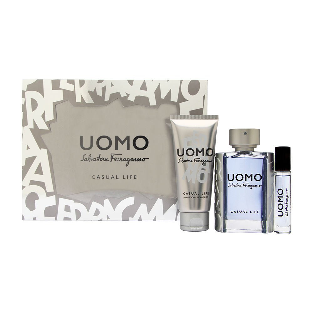 Salvatore Ferragamo Uomo Casual Life 3 Piece set: 3.4 oz EDT Spray + 3.4 oz Shower Gel + 0.33 oz EDT