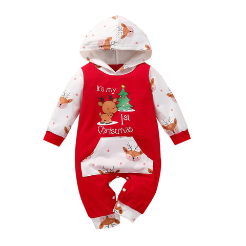 PythJooh Baby Boy Girl 1st Christmas Outfits Unisex Infants One-piece Long Sleeve Merry Christmas Deer Floral Hoodie Jumpsuit for 0-18Months