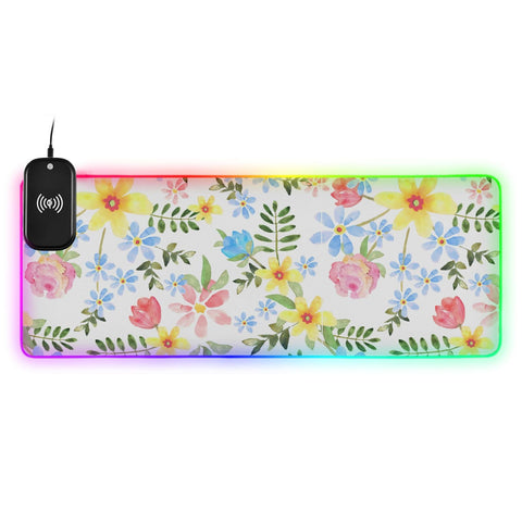 Floral Flower Watercolor Wireless Charging Mouse Pad for Mobile Phone Extra Large Gaming Mousepad with 13 Lighting Modes Keyboard Mat for Gaming MacBook PC Laptop Desk Home Office