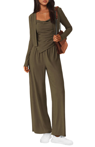 BTFBM Women's Fall Lounge Sets 3 Piece Outfit Tracksuits Casual Long Sleeve Tops High Waisted Sweatpants Set(Solid Army Green,Medium)