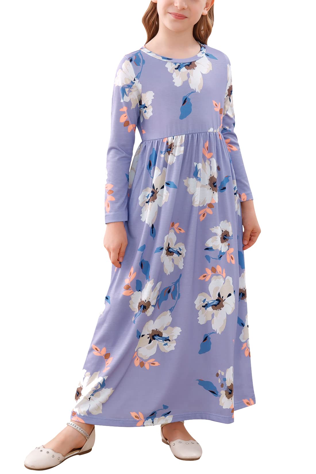 GORLYA Girl's Short Sleeve Floral Print Loose Casual Long Maxi Dress with Pockets 4-12 Years(GOR1001,12Y,LSMauvePrint)