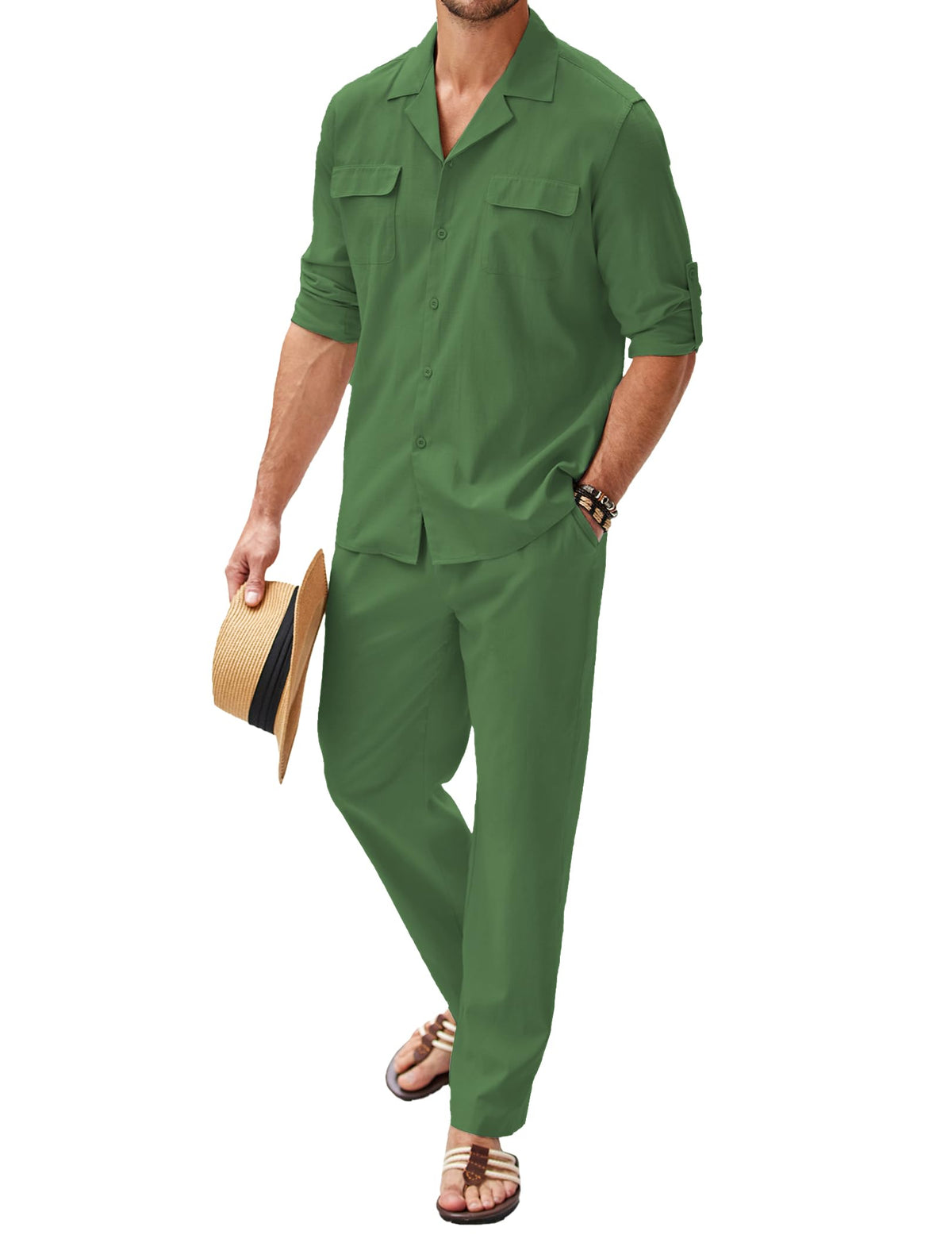 COOFANDY Mens 2 Piece Outfit Cotton Linen Set Button Down Shirts and Casual Beach Pants with Pockets Summer Yoga Outfits Army Green