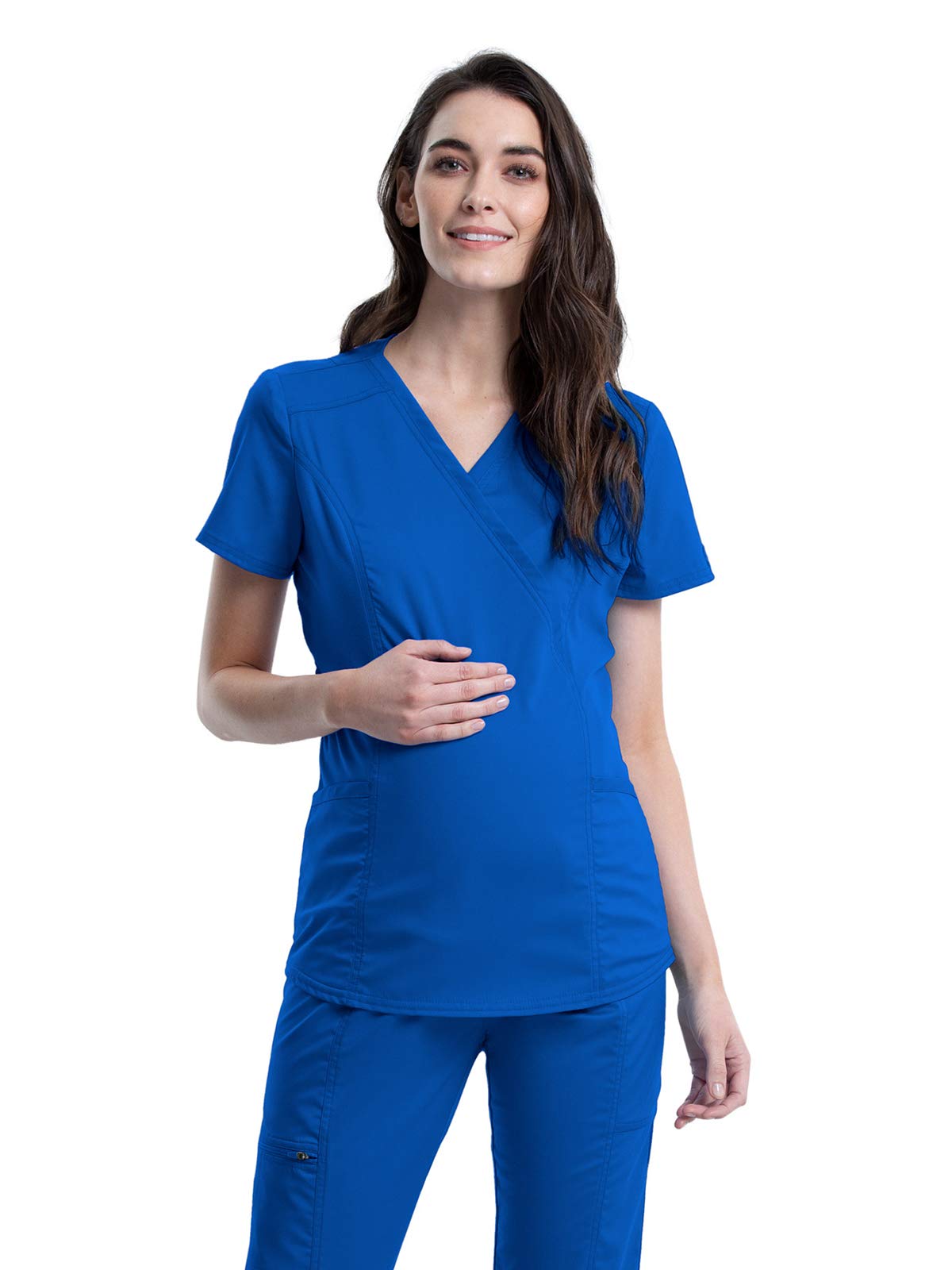 Cherokee Maternity Scrub Top Mock Wrap with 2 Pockets, Breathable and 2-Way Stretch Fabric WW688, L, Royal