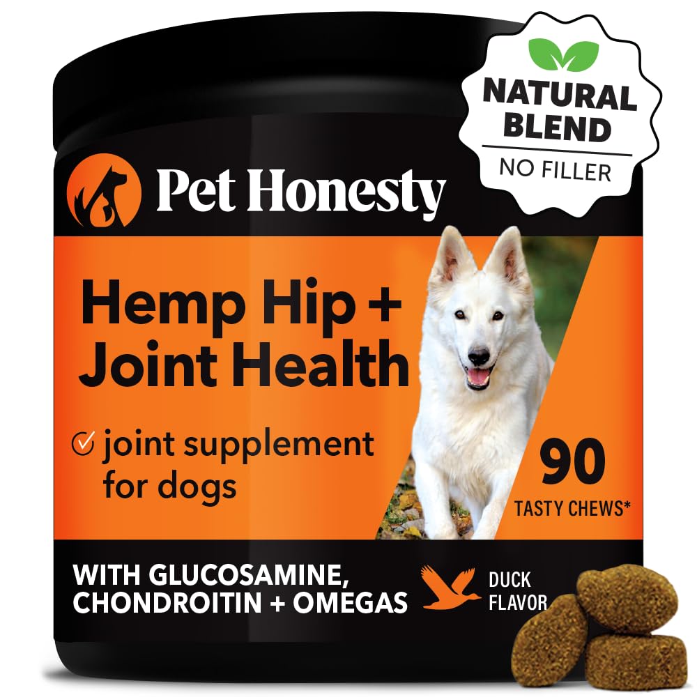 Pet Honesty Hemp Hip & Joint Supplement for Dogs - Hemp Oil & Hemp Powder - Glucosamine Chondroitin for Dogs, Turmeric, MSM, Green-Lipped Mussel, Supports Mobility, May Reduce Discomfort (Duck)