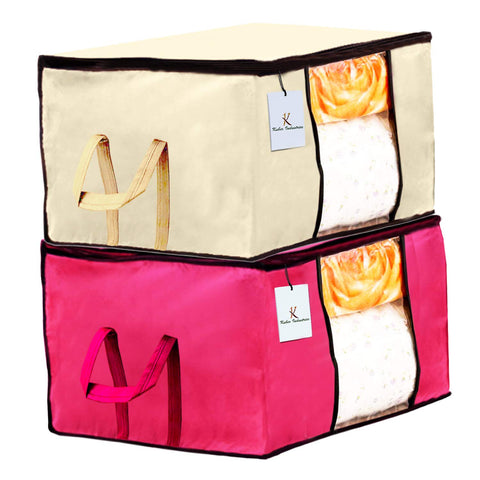 Kuber Industries Underbed Storage Bag, Storage Organiser, Blanket Cover Set of 2 - Ivory,Pink Extra Large Size-Ctktc23886