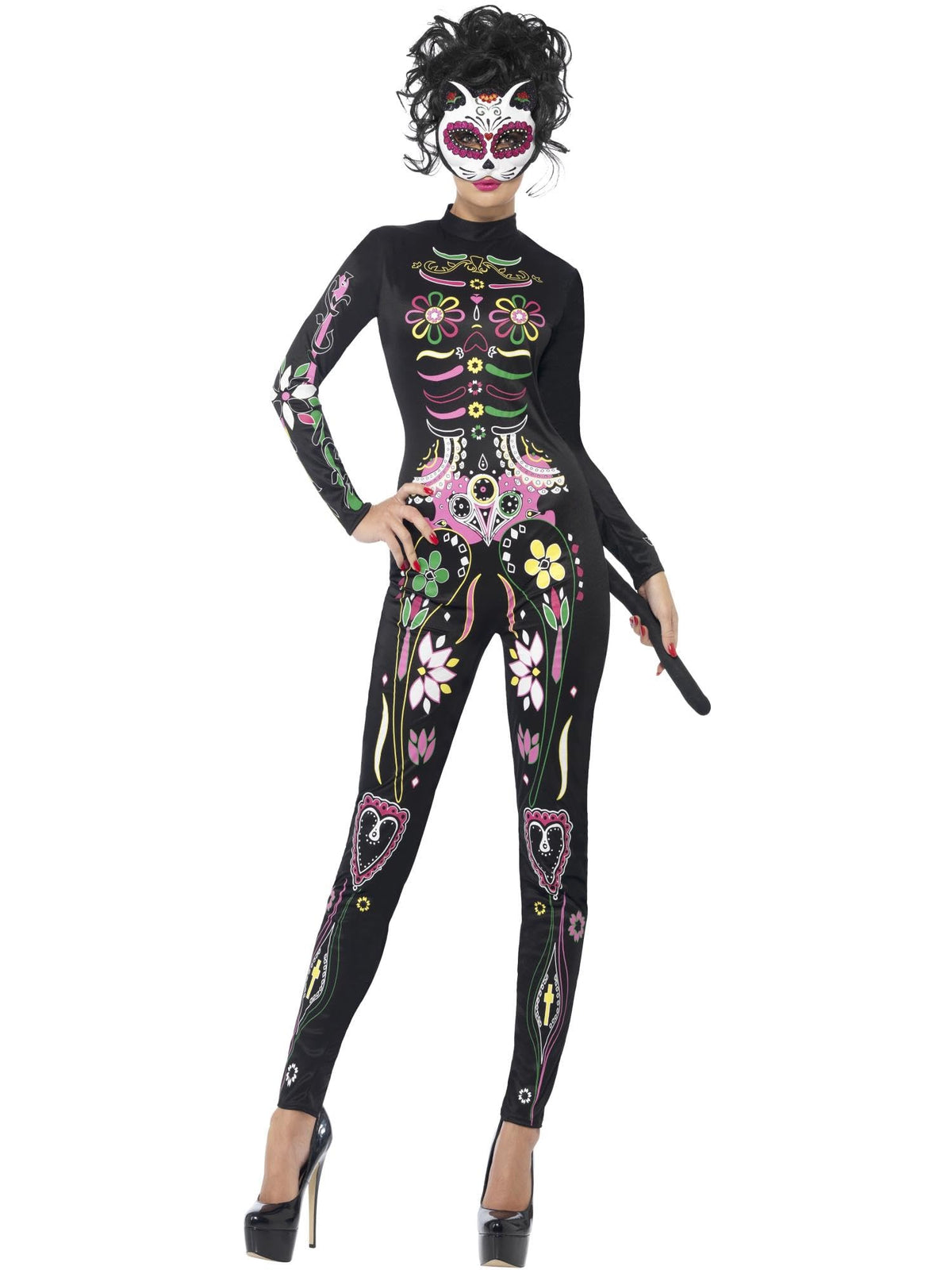Smiffys Sugar Skull Cat Costume, Black with Printed Bodysuit, Mexican Day of The Dead/Sugar Fancy Dress, Adult Dress Up Costumes