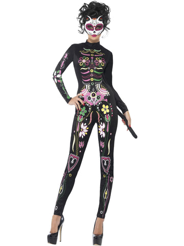 Smiffys Sugar Skull Cat Costume, Black with Printed Bodysuit, Mexican Day of The Dead/Sugar Fancy Dress, Adult Dress Up Costumes