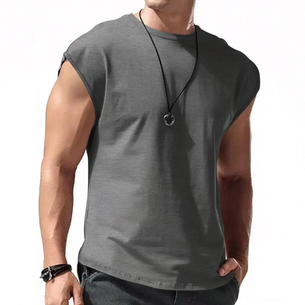 Men's Sleeveless T Shirt Summer Solid Color Simple Casual Crew Neck Vest Tee Dark Gray L
