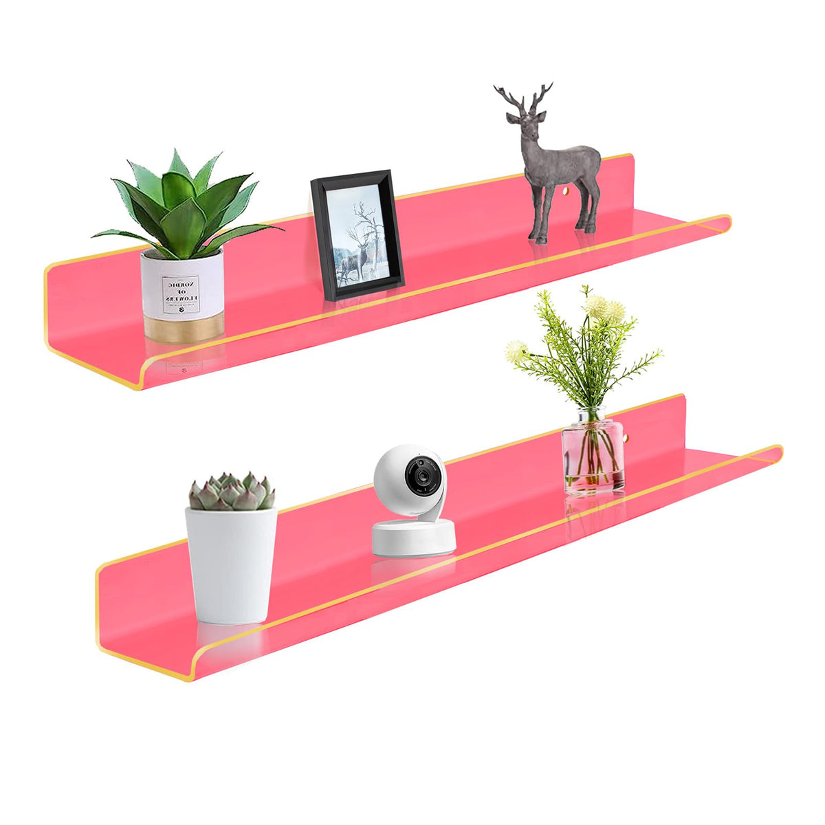 ROYALITA 24 Inches Acrylic Long Floating Book Shelves Wall Mounted Set of 2, Wall Hanging Bookshelf Display Shelves, Room Decor Floating Wall Shelves for Bedroom, Living Room, Office, Neon Pink