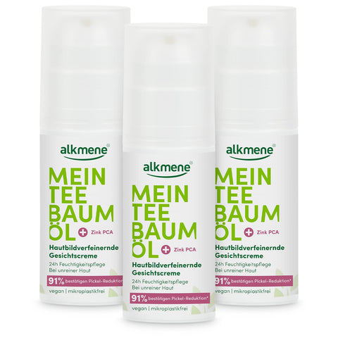 alkmene tea tree oil facial cream for impure skin - vegan facial care without silicones, parabens & mineral oil - deep pore cleansing for the face - cream in pack of 3 (3x 50 ml)