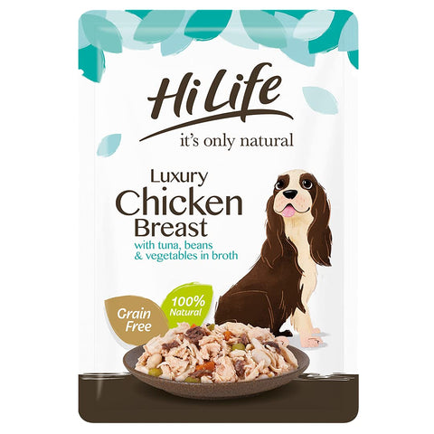 HILIFE it's only natural - Wet Dog Food - Luxury Chicken Breast, Tuna, Beans, Vegetables in Broth - 100% Natural Grain Free, 15 Pouches x 100g