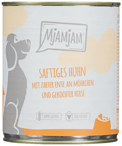 MjAMjAM - premium wet food for dogs - juicy chicken with tender duck on carrots and boiled millet, pack of 6 (6 x 800 g), natural with extra meat