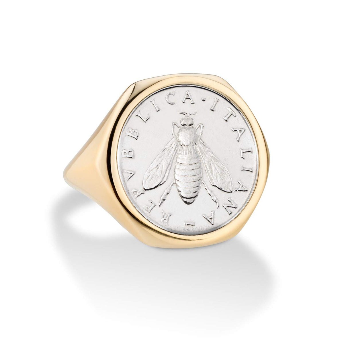 Miabella 18K Gold Over Sterling Silver Genuine Italian 2-Lira Bee Coin Retro Signet Ring for Women (10)