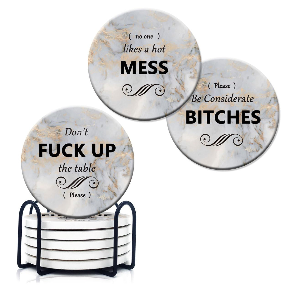 HOPONY Coasters for Drinks,6 Pieces Ceramic Stone Coaster Set with Metal Holder Stand, Cork Base,Absorbent Cups Place Mats for Home Mess 2