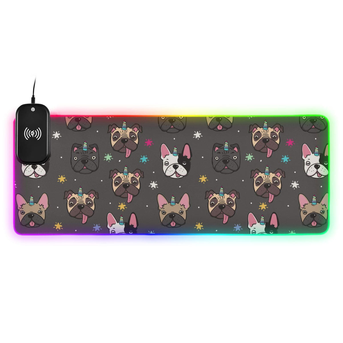 Cute Pugs Unicorn Horn Wireless Charging Mouse Pad for Mobile Phone Extra Large Gaming Mousepad with 13 Lighting Modes Computer Mat for Gaming MacBook PC Laptop Desk Office Home