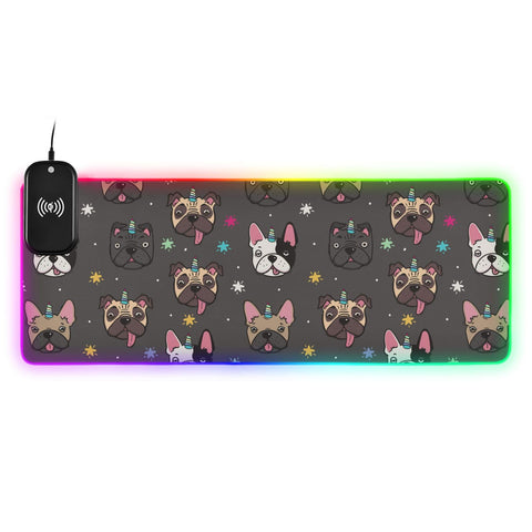 Cute Pugs Unicorn Horn Wireless Charging Mouse Pad for Mobile Phone Extra Large Gaming Mousepad with 13 Lighting Modes Computer Mat for Gaming MacBook PC Laptop Desk Office Home
