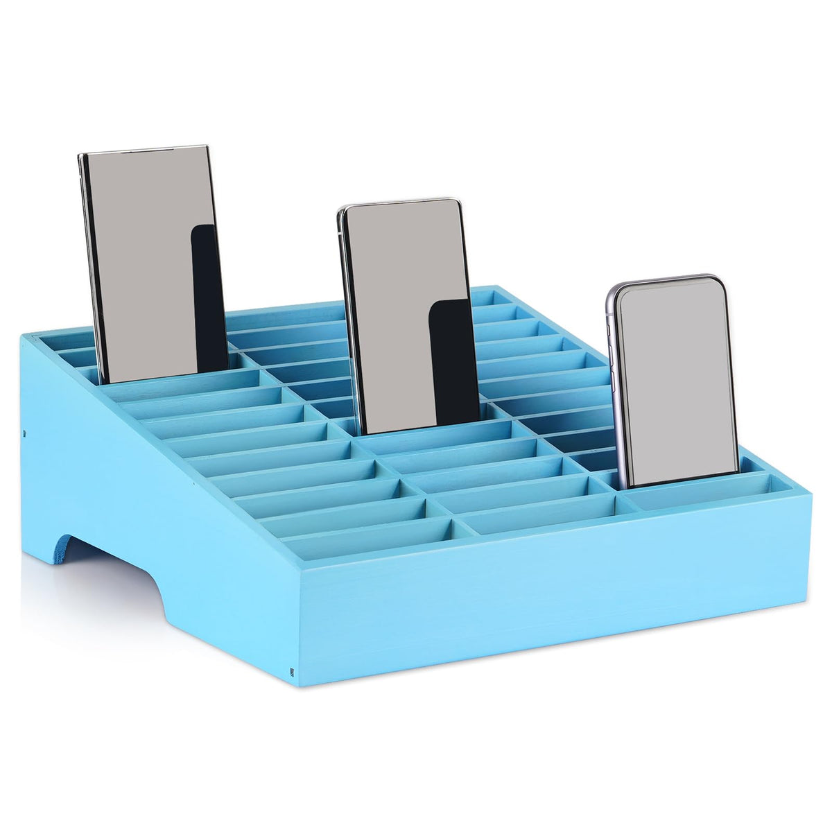 Lzttyee Wooden 36-Grid Cell Phones Storage Box Desktop Mobile Phone Holder Organizer for Office School Classroom (36-Grid Blue)
