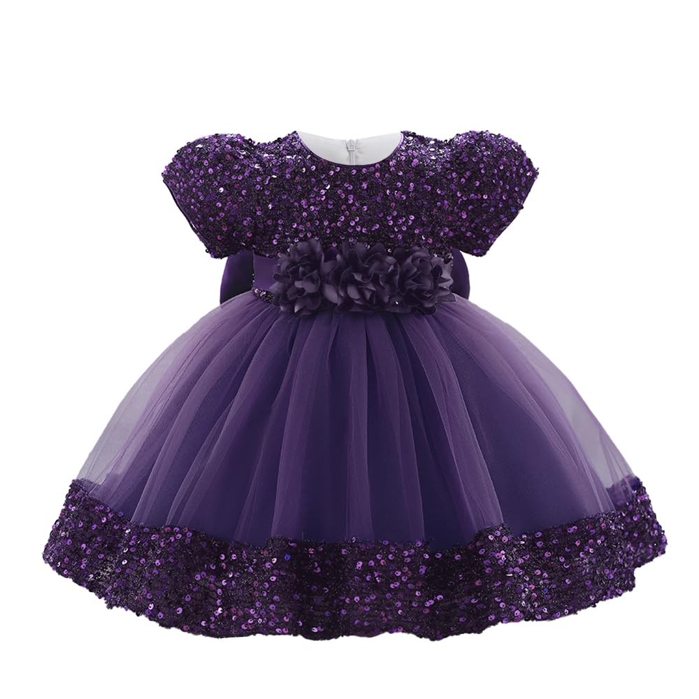 Elegant Puffy Baby Girls Tulle Dress with Sequins Toddler First Birthday Party Pageant Dance Prom Photoshoot Princess Gown (Dark Purple, 12-24 Months)