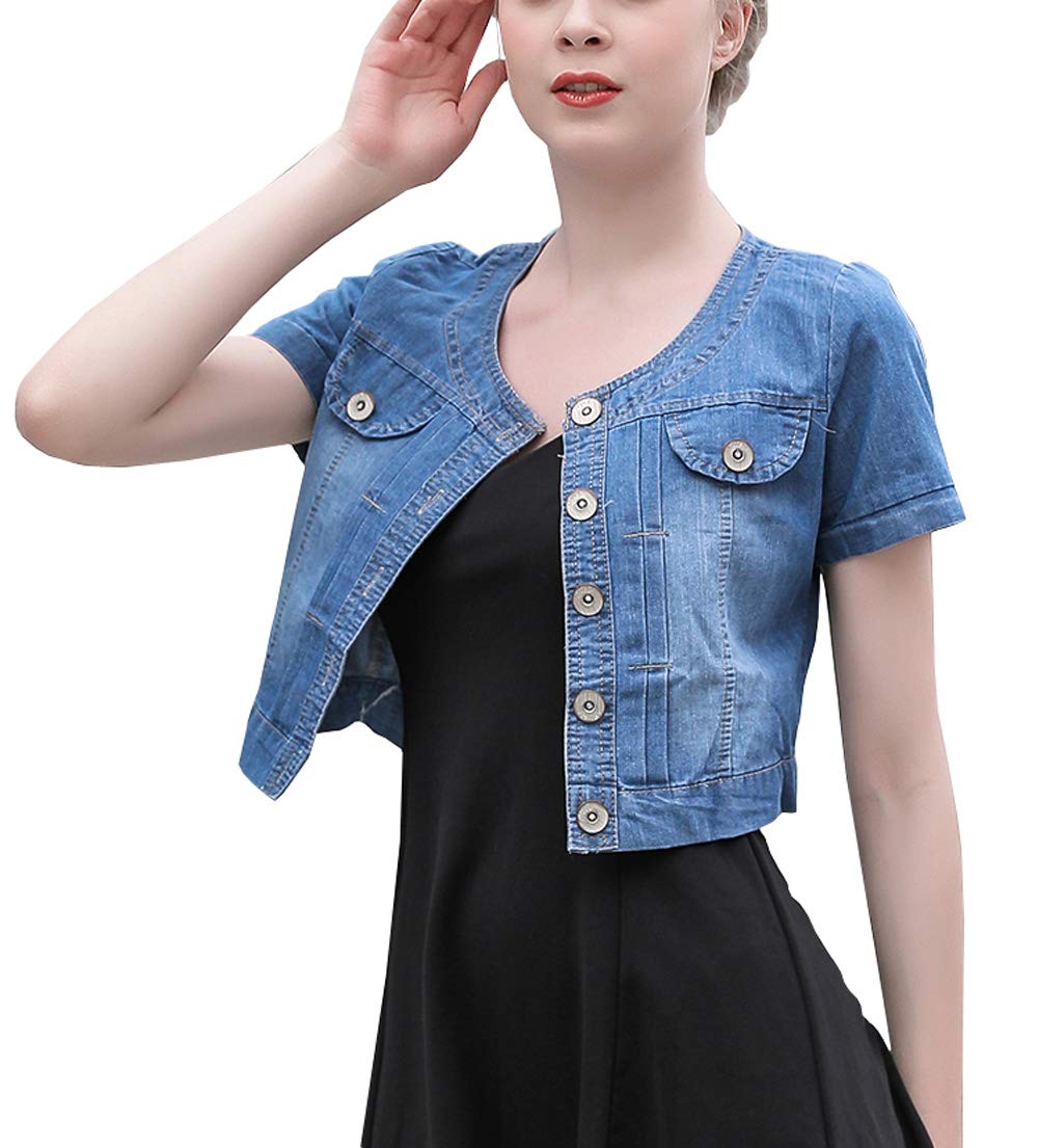Only Faith Summer WomenÃ¢â‚¬â„¢s Crew-neck Denim Jacket Short Sleeve Jean Coat Tops (XL, Dark blue)