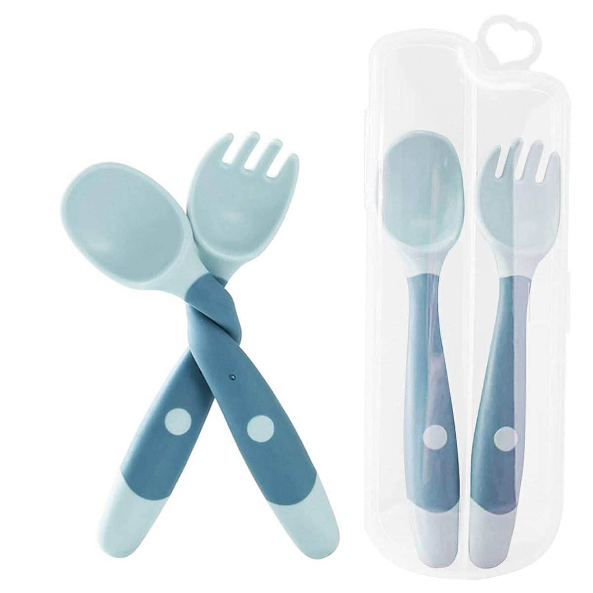 1Pair Baby Fork and Spoon Set, 360ÃƒÆ’Ã†â€™ÃƒÂ¢Ã¢â€šÂ¬Ã…Â¡ÃƒÆ’Ã¢â‚¬Å¡Ãƒâ€šÃ‚Â° Bendable Weaning Spoons Self Feeding Learning Silicone Baby Spoons, First Led Training Cutlery Set with Storage Case for Infant Toddler Children Kids(Blue)