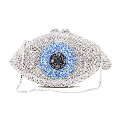 Diamond Purse Designer Evil Eye Bags Bridal Wedding Evening Bag For Women Black Rhinestone Prom Crystal Clutch, Silver