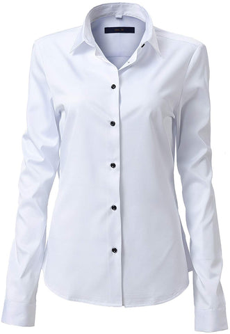 FLY HAWK Womens Shirts Button Down Slim Fit Dress Shirts Basic Long Sleeve Bamboo Fiber Formal Casual Shirts Blouses, 20, White