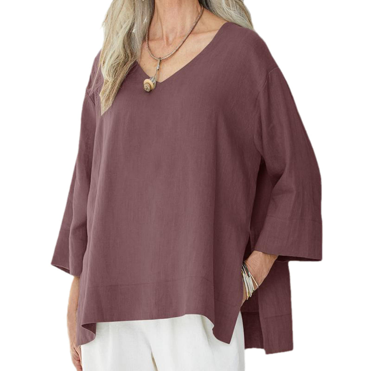 PUCEK Women's Vneck Loose Cotton Linen Shirt with Side Slits and Loose Fit 3/4 Sleeves Pullover Shirts Wine red M