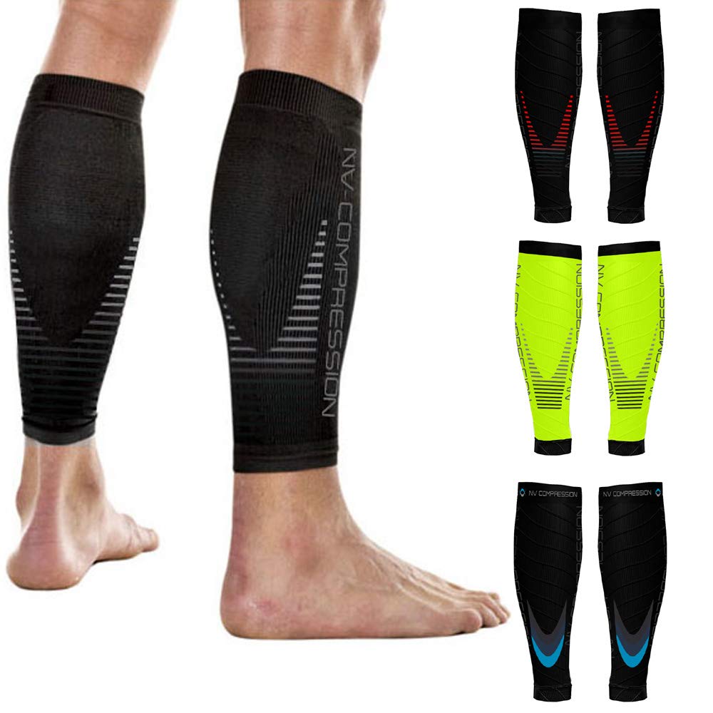 NV Compression Essential Race and Recover Calf Guards/Sleeves (PAIR) 20-30mmHg - For Sports Recovery, Shin Splints, Medical, Work, Flight - Running, Cycling, Gym (Black/Red Stripes, L-XL)