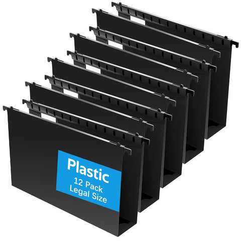 Nordun Plastic Extra Capacity Legal Size Hanging File Folders,12 Pack Reinforced Legal Hanging Folders,Heavy Duty 2 Inch Expansion,Adjustable Tabs,Filing Cabinet Folders for Bulky Files (Black)