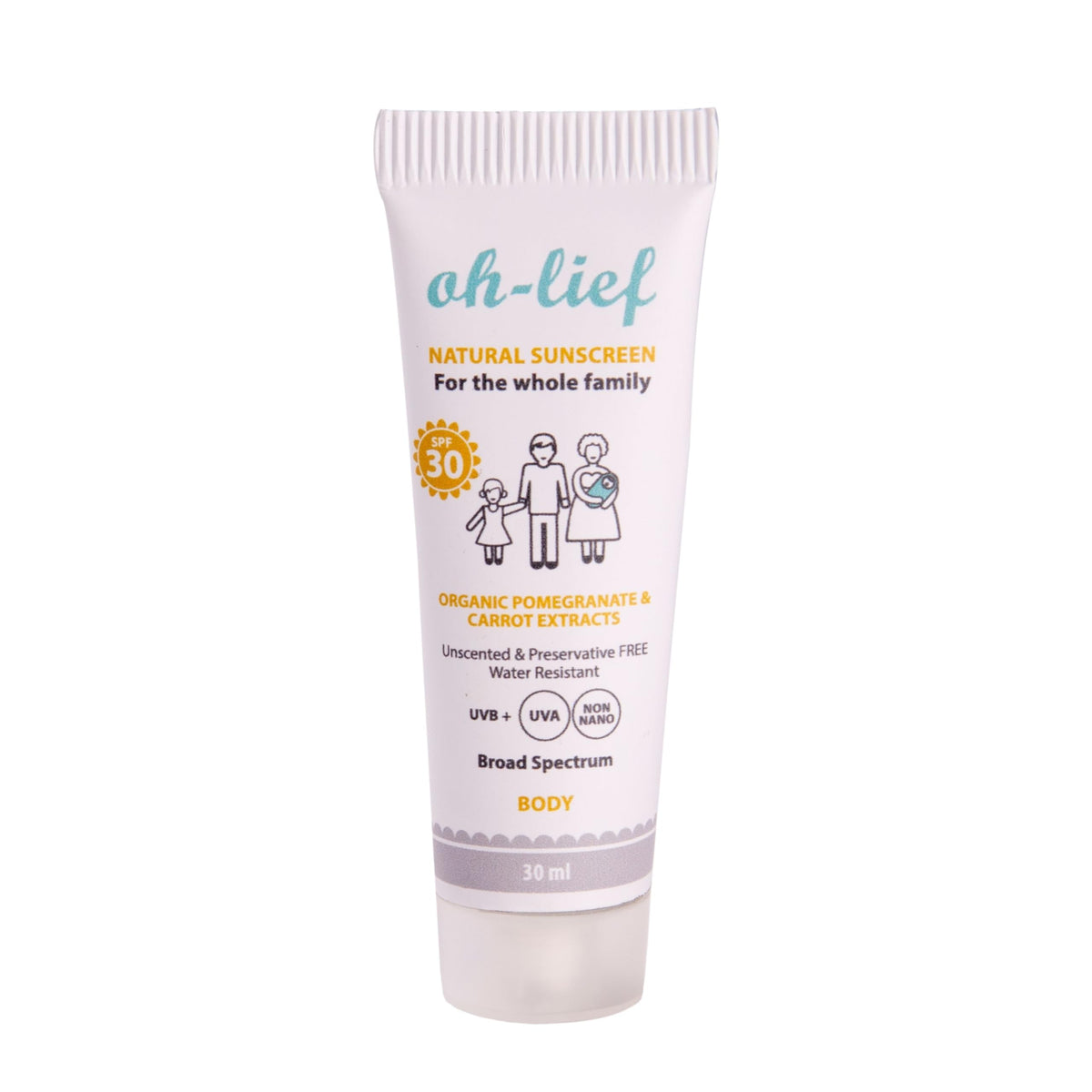 Oh-Lief Natural Body Sunscreen for the whole family including newborns, Certified Natural & Organic, Broad-Spectrum protection UVA/UVB, water resistant, Unscented & Preservative free (30ml)