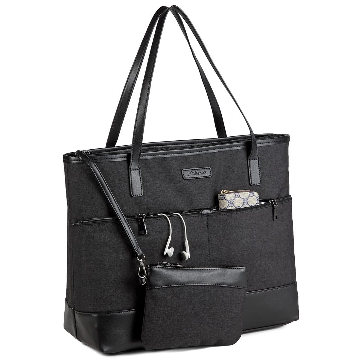 Kasgo Laptop Bag for Women,Water Resistant 15.6 inch Tote Bag Women Shoulder Bag Large Ladies Handbag Purse Teachers Bag Work Bag with Luggage Sleeve for Office Travel Shopping, Black