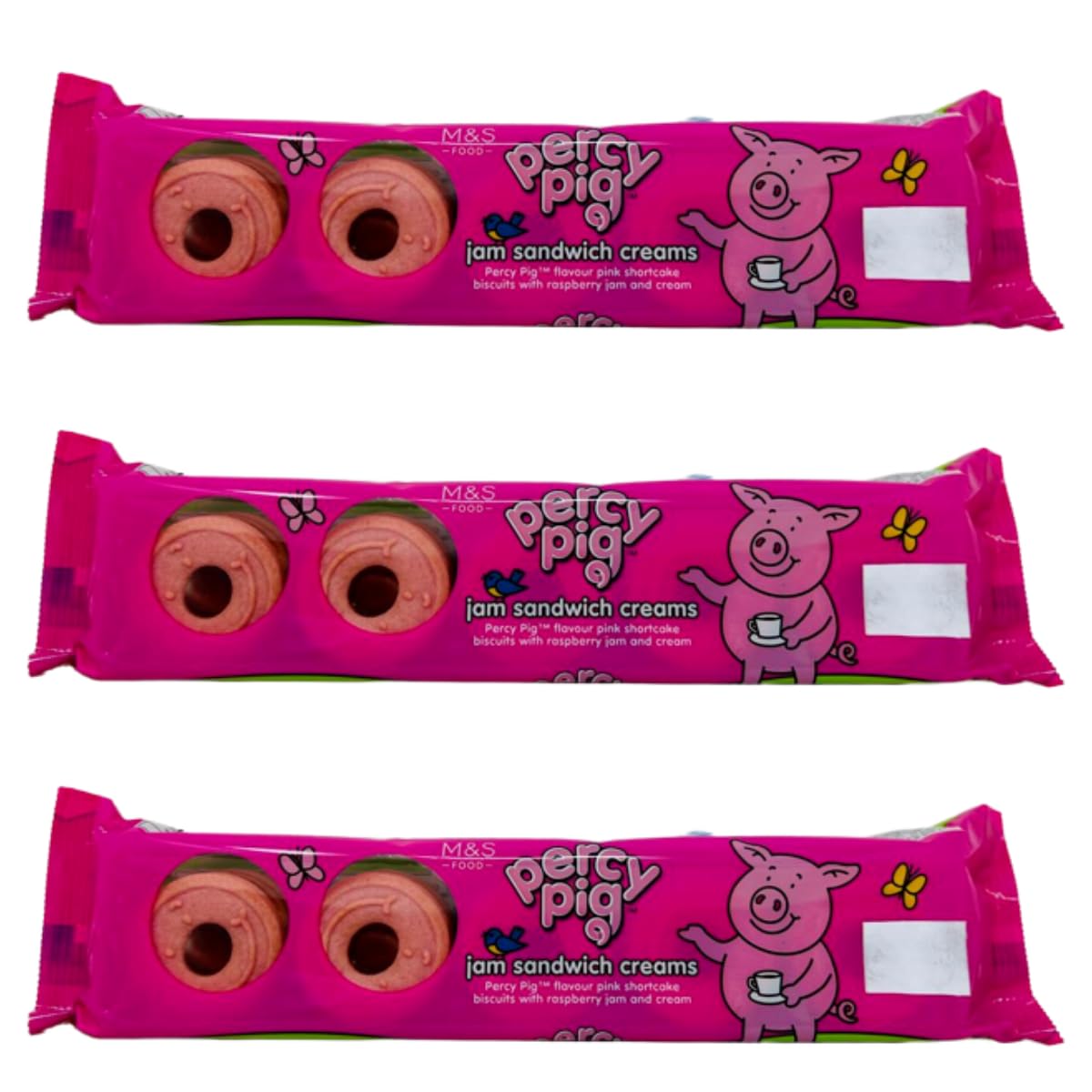 M&S Percy Pig Jam Sandwich Creams Biscuits with Raspberry Jam Marks & Spencer 150g - 3 Pack in a Premier Life Store Box